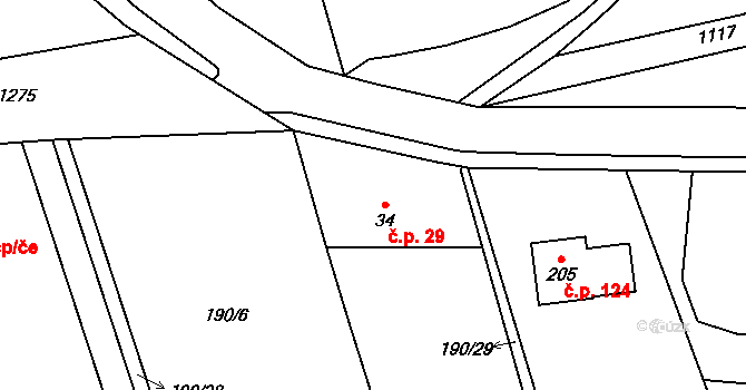 Radimovice 29 na parcele st. 34 v KÚ Radimovice u Sychrova, Katastrální mapa