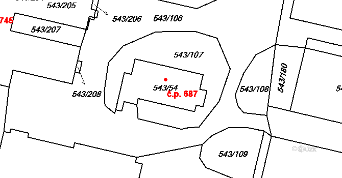Letňany 687, Praha na parcele st. 543/54 v KÚ Letňany, Katastrální mapa