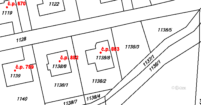 Bludov 883 na parcele st. 1138/8 v KÚ Bludov, Katastrální mapa