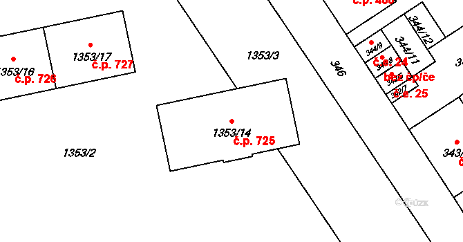 Tlučná 725 na parcele st. 1353/14 v KÚ Tlučná, Katastrální mapa