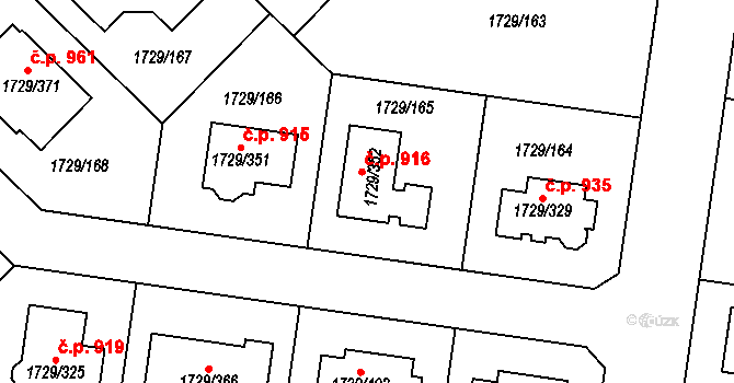 Ďáblice 916, Praha na parcele st. 1729/352 v KÚ Ďáblice, Katastrální mapa