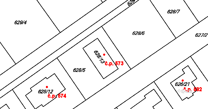 Jirny 573 na parcele st. 628/13 v KÚ Jirny, Katastrální mapa
