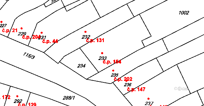 Milešovice 154 na parcele st. 233 v KÚ Milešovice, Katastrální mapa