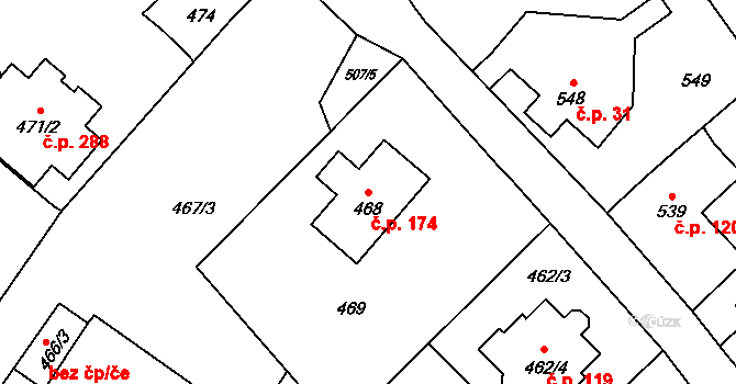 Velké Heraltice 174 na parcele st. 468 v KÚ Velké Heraltice, Katastrální mapa