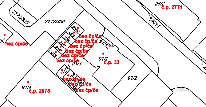 Předměstí 33, Opava na parcele st. 91/1 v KÚ Opava-Předměstí, Katastrální mapa