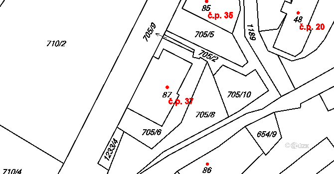 Podlíšťany 37, Nasavrky na parcele st. 87 v KÚ Podlíšťany, Katastrální mapa