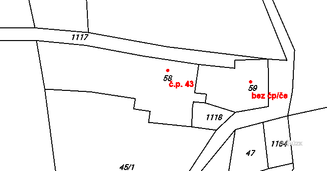 Miřetín 43, Proseč na parcele st. 58 v KÚ Miřetín, Katastrální mapa