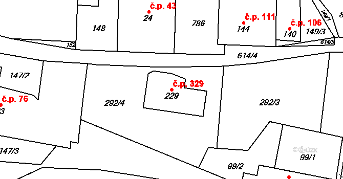 Tuchoměřice 329 na parcele st. 229 v KÚ Tuchoměřice, Katastrální mapa