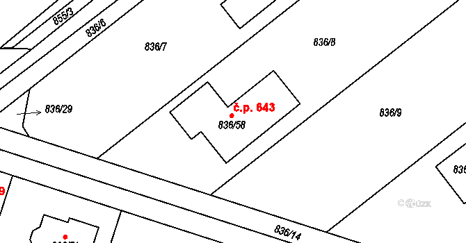 Zruč 643, Zruč-Senec na parcele st. 836/58 v KÚ Zruč, Katastrální mapa