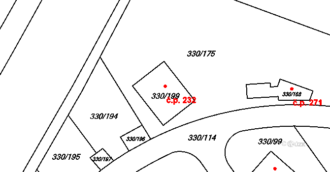 Hlušovice 232 na parcele st. 330/199 v KÚ Hlušovice, Katastrální mapa
