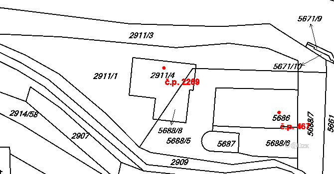 Velké Meziříčí 2269 na parcele st. 2911/4 v KÚ Velké Meziříčí, Katastrální mapa