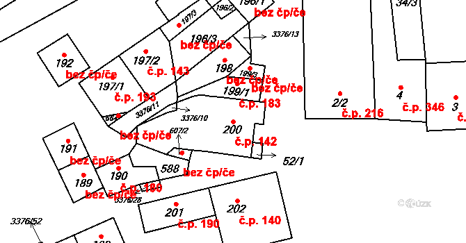Uherčice 142 na parcele st. 200 v KÚ Uherčice u Hustopečí, Katastrální mapa