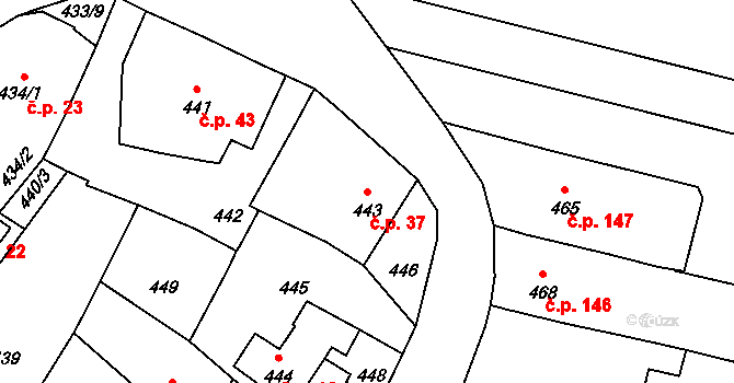 Rychlov 37, Bystřice pod Hostýnem na parcele st. 443 v KÚ Rychlov u Bystřice pod Hostýnem, Katastrální mapa