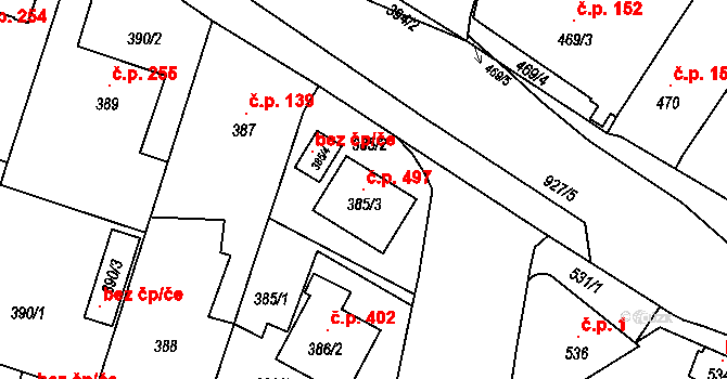 Malé Hoštice 497, Opava na parcele st. 385/3 v KÚ Malé Hoštice, Katastrální mapa