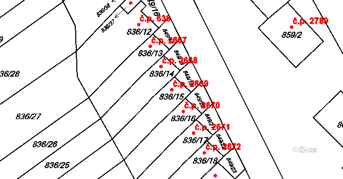 Znojmo 2669 na parcele st. 836/15 v KÚ Znojmo-město, Katastrální mapa