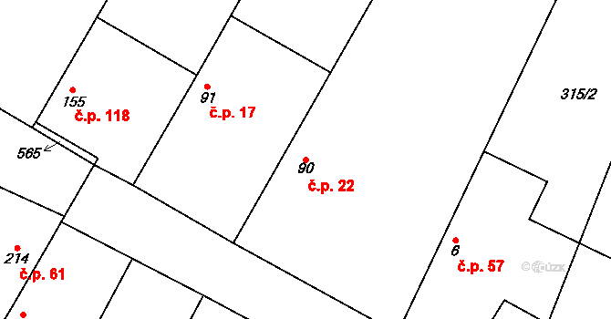 Dvory 22 na parcele st. 90 v KÚ Dvory u Nymburka, Katastrální mapa