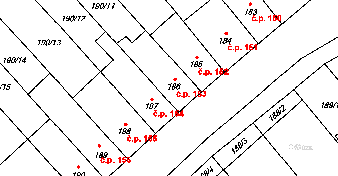 Vlkoš 153 na parcele st. 186 v KÚ Vlkoš u Přerova, Katastrální mapa