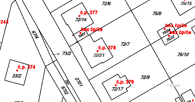 Lyžbice 378, Třinec na parcele st. 72/21 v KÚ Lyžbice, Katastrální mapa