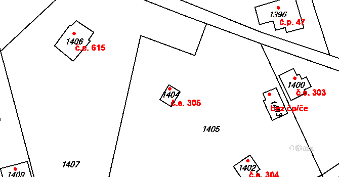 Lety 305 na parcele st. 1404 v KÚ Lety u Dobřichovic, Katastrální mapa