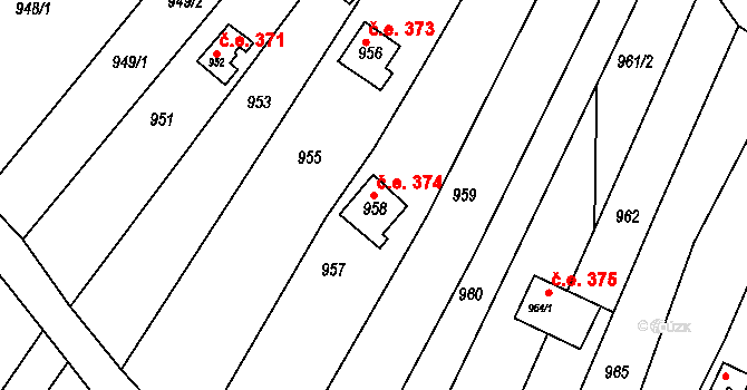 Nebovidy 374 na parcele st. 958 v KÚ Nebovidy u Brna, Katastrální mapa