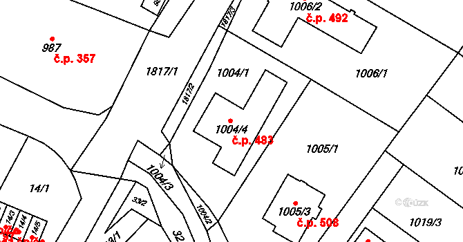Říčany 483 na parcele st. 1004/4 v KÚ Říčany u Brna, Katastrální mapa