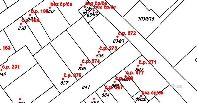 Chropyně 273 na parcele st. 835 v KÚ Chropyně, Katastrální mapa