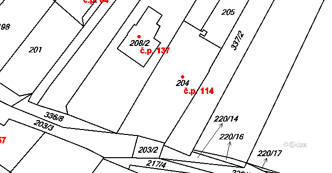 Lhota 114, Vyškov na parcele st. 204 v KÚ Lhota, Katastrální mapa