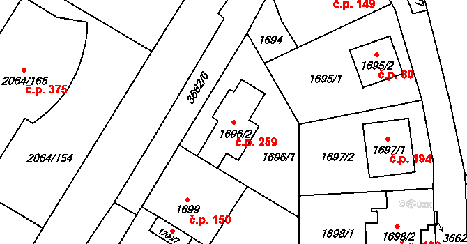 Brňany 259, Vyškov na parcele st. 1696/2 v KÚ Vyškov, Katastrální mapa