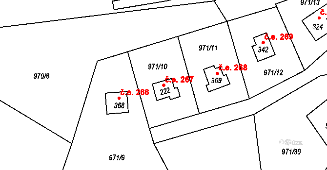 Měřín 267, Rabyně na parcele st. 222 v KÚ Blaženice, Katastrální mapa