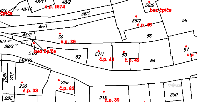 Švermov 43, Kladno na parcele st. 51/1 v KÚ Motyčín, Katastrální mapa