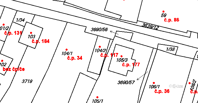Chodský Újezd 117 na parcele st. 104/2 v KÚ Chodský Újezd, Katastrální mapa