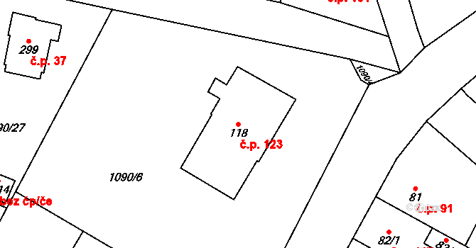 Malé Žernoseky 123 na parcele st. 118 v KÚ Malé Žernoseky, Katastrální mapa