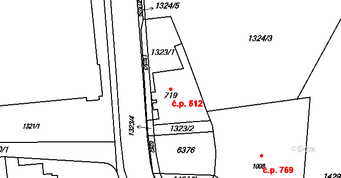 Rožnov pod Radhoštěm 512 na parcele st. 719 v KÚ Rožnov pod Radhoštěm, Katastrální mapa