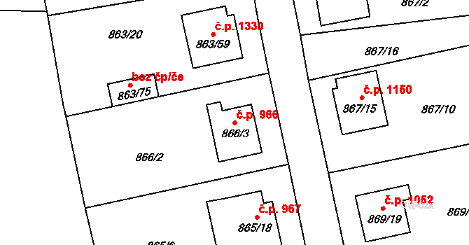 Pelhřimov 966 na parcele st. 866/3 v KÚ Pelhřimov, Katastrální mapa