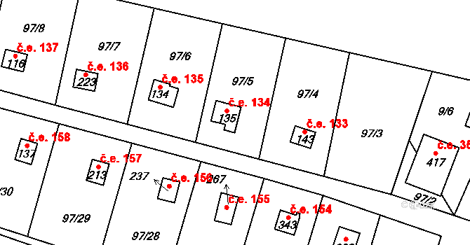 Podhoří 134, Cheb na parcele st. 135 v KÚ Podhoří u Chebu, Katastrální mapa