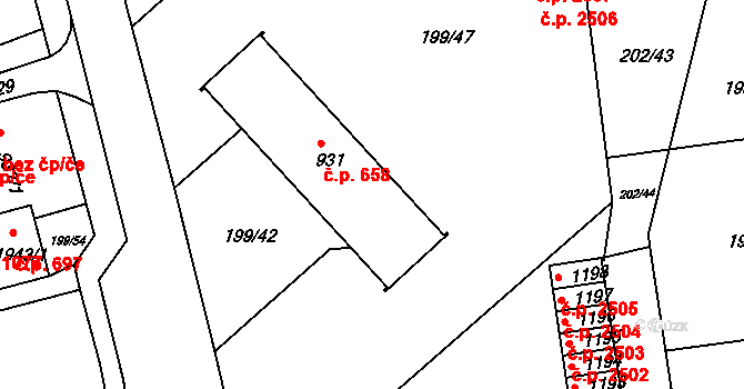 Sezimovo Ústí 658 na parcele st. 931 v KÚ Sezimovo Ústí, Katastrální mapa
