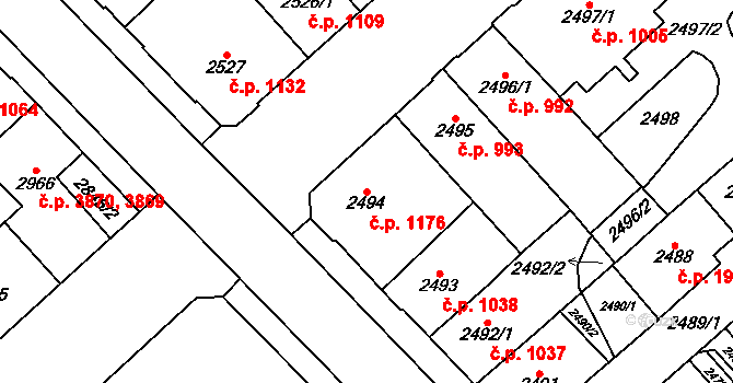 Chomutov 1176 na parcele st. 2494 v KÚ Chomutov I, Katastrální mapa