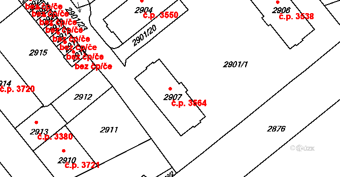 Chomutov 3564 na parcele st. 2907 v KÚ Chomutov II, Katastrální mapa