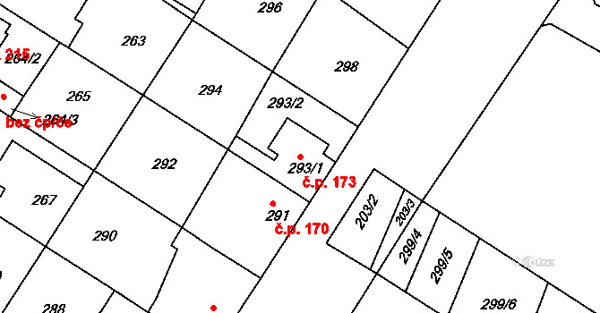Křimice 173, Plzeň na parcele st. 293/1 v KÚ Křimice, Katastrální mapa