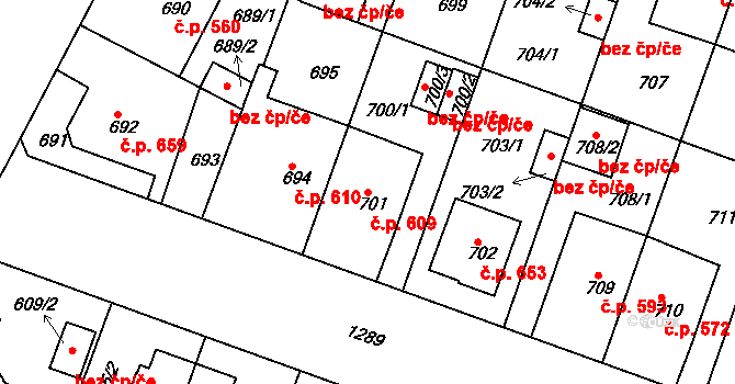 Lobzy 609, Plzeň na parcele st. 701 v KÚ Božkov, Katastrální mapa