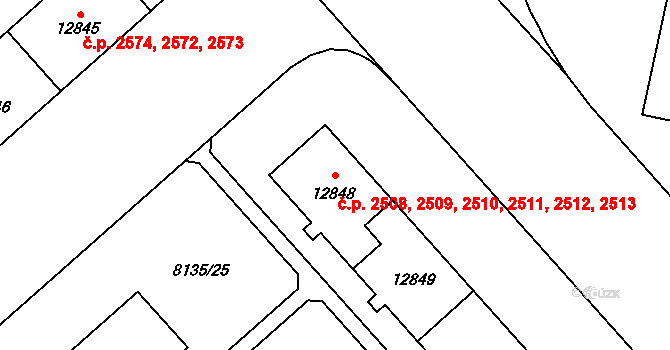 Jižní Předměstí 2508,2509,2510,2511,, Plzeň na parcele st. 12848 v KÚ Plzeň, Katastrální mapa
