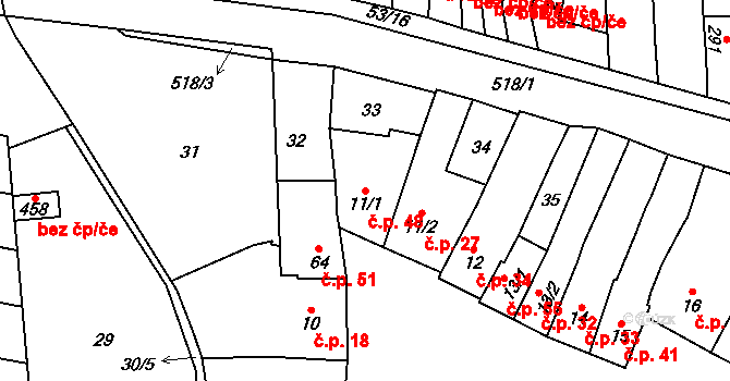 Krasice 48, Prostějov na parcele st. 11/1 v KÚ Krasice, Katastrální mapa