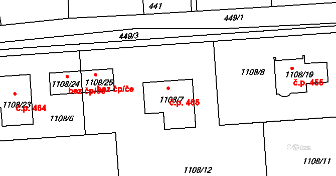 Hřebeč 465 na parcele st. 1108/7 v KÚ Hřebeč, Katastrální mapa