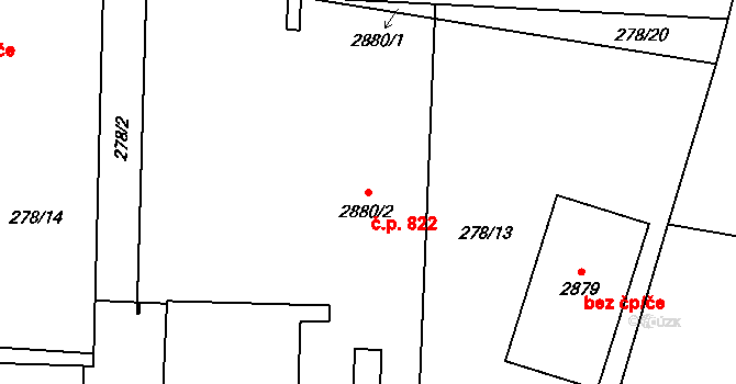 Krásno nad Bečvou 822, Valašské Meziříčí na parcele st. 2880/2 v KÚ Krásno nad Bečvou, Katastrální mapa
