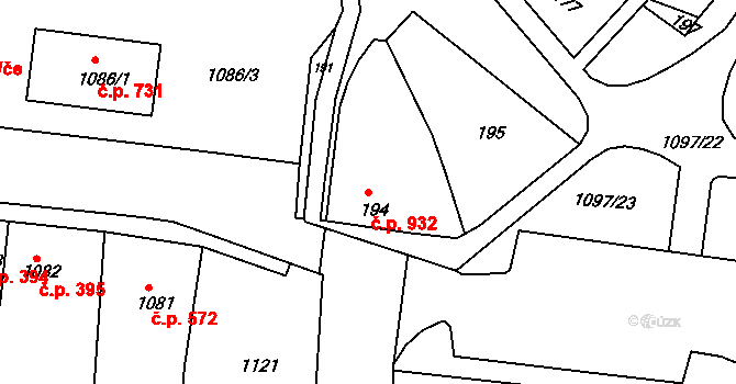 Podbořany 932 na parcele st. 194 v KÚ Podbořany, Katastrální mapa