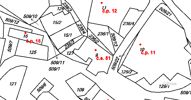 Pivonín 51, Zábřeh na parcele st. 9 v KÚ Pivonín, Katastrální mapa