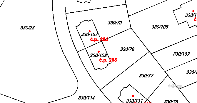 Hlušovice 263 na parcele st. 330/158 v KÚ Hlušovice, Katastrální mapa