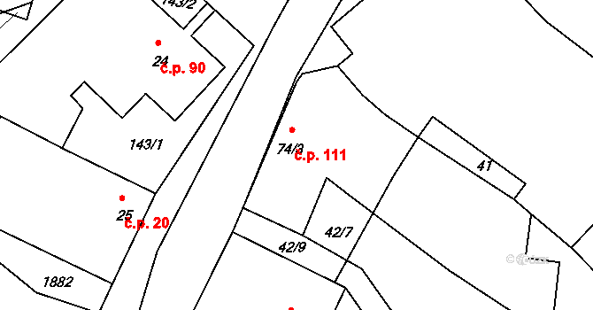 Provodov 111 na parcele st. 74/3 v KÚ Provodov na Moravě, Katastrální mapa