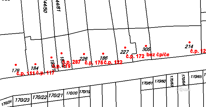 Louky 122, Zlín na parcele st. 186 v KÚ Louky nad Dřevnicí, Katastrální mapa