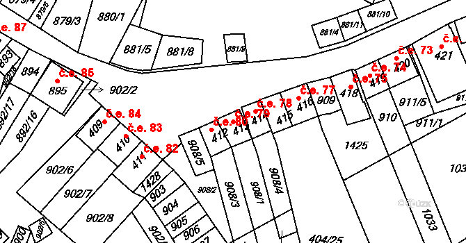 Chvalovice 79 na parcele st. 413 v KÚ Chvalovice, Katastrální mapa